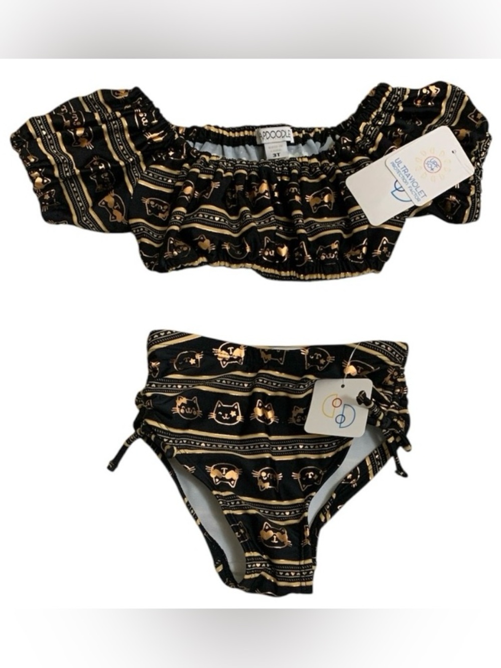 Flapdoodles Kitty Cat Swim Suit Top and Bottom Girl’s Size 3T Black Gold New